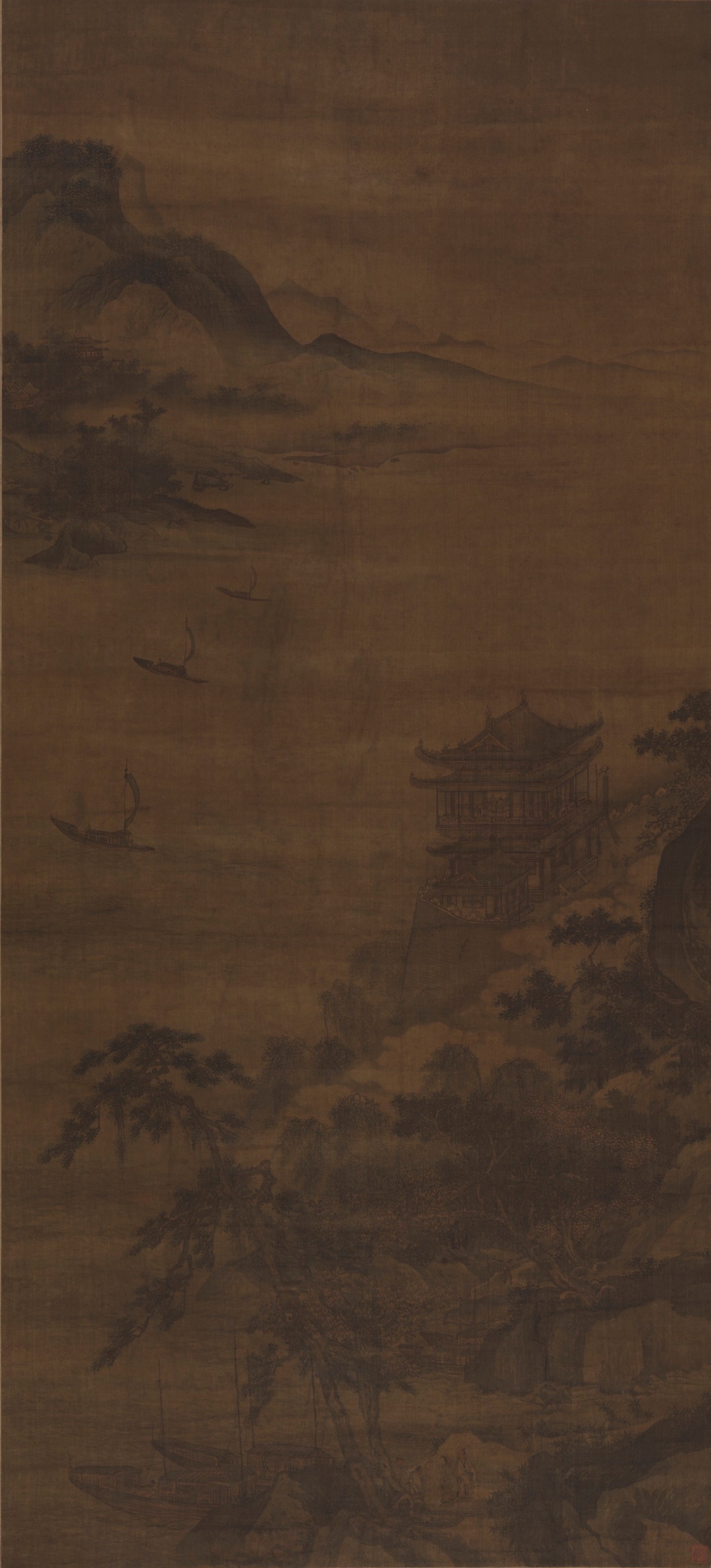 <h2>岳阳楼图轴</h2><p>作者：佚名</p><p>创作年代：明</p><p>规格：194cm×88cm</p>品类：绢本设色</p>
